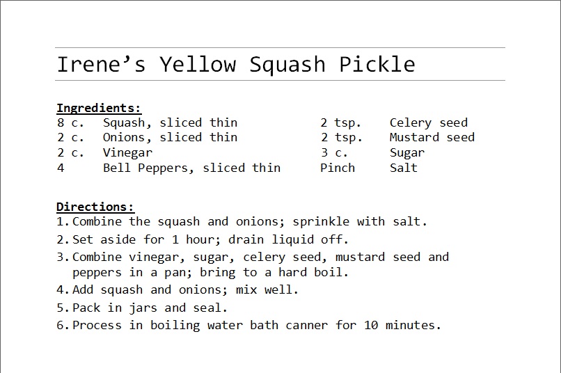 Irene's Yellow Squash Pickle Recipe WM Events