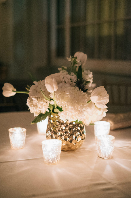 wm events, floral design, floral arrangement, white floral arrangement, wedding centerpieces, gold vase, l. events, wedding design, wedding reception