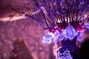 A decorative vase with branches, white flowers, and pink accents—an arrangement designed by WM Events—is illuminated by purple lighting against a softly blurred, textured background.