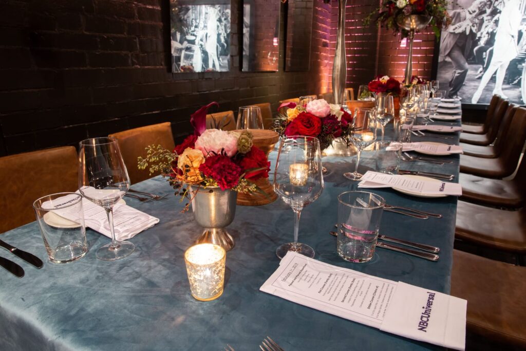 wm events, private dinner, private events, kr steakbar, floral designer, floral design, lush florals, dark and moody, red florals, red flowers, tall centerpieces, tall flower arrangements, tall floral arrangements, tablescapes, velvet linen, nbc, nbcuniversal, super bowl dinner, atlanta event planner, atlanta events, georgia events, event planning, event designer, event designing, corporate events, high end corporate