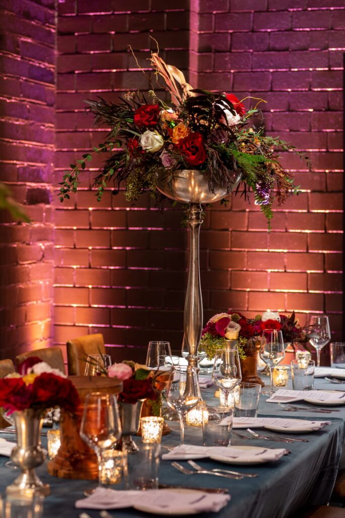 wm events, private dinner, private events, kr steakbar, floral designer, floral design, lush florals, dark and moody, red florals, red flowers, tall centerpieces, tall flower arrangements, tall floral arrangements, tablescapes, velvet linen, nbc, nbcuniversal, super bowl dinner, atlanta event planner, atlanta events, georgia events, event planning, event designer, event designing, corporate events, high end corporate