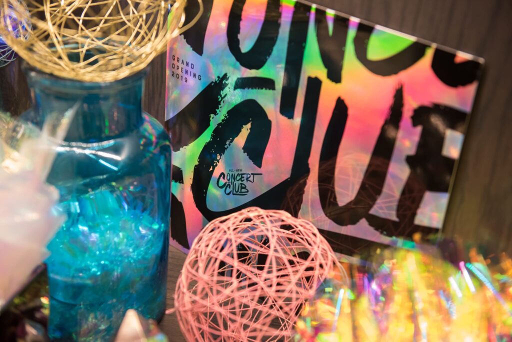 Concert Club Opening Atlanta, GA wm events, atlanta hawks, atlanta, georgia, basketball, state farm arena, concert club, concert venues, venues, atlanta venues, arenas, kat goduco photo, iridescent, iridescence, vip party, painted leaves, event design, event designer, event decor, corporate events, social events, private parties, event consultant, floral design