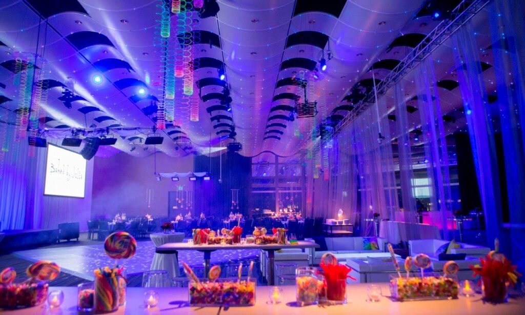 WM Events, Event Planners, Event Design, Denver, Atlanta, Bat Mitzvah, Bar Mitzvah, Seawell Ballroom, Candy, Sweets, Cupcake, Georgia, Colorado, Event Producer, Event Production, Mitzvah, Custom Decor, Glow Decor, Ceiling Treatmeant, Ceiling Decor, Slinky Ceiling Decor, Slinky Ceiling Treatment, Rainbow, Candy Bar