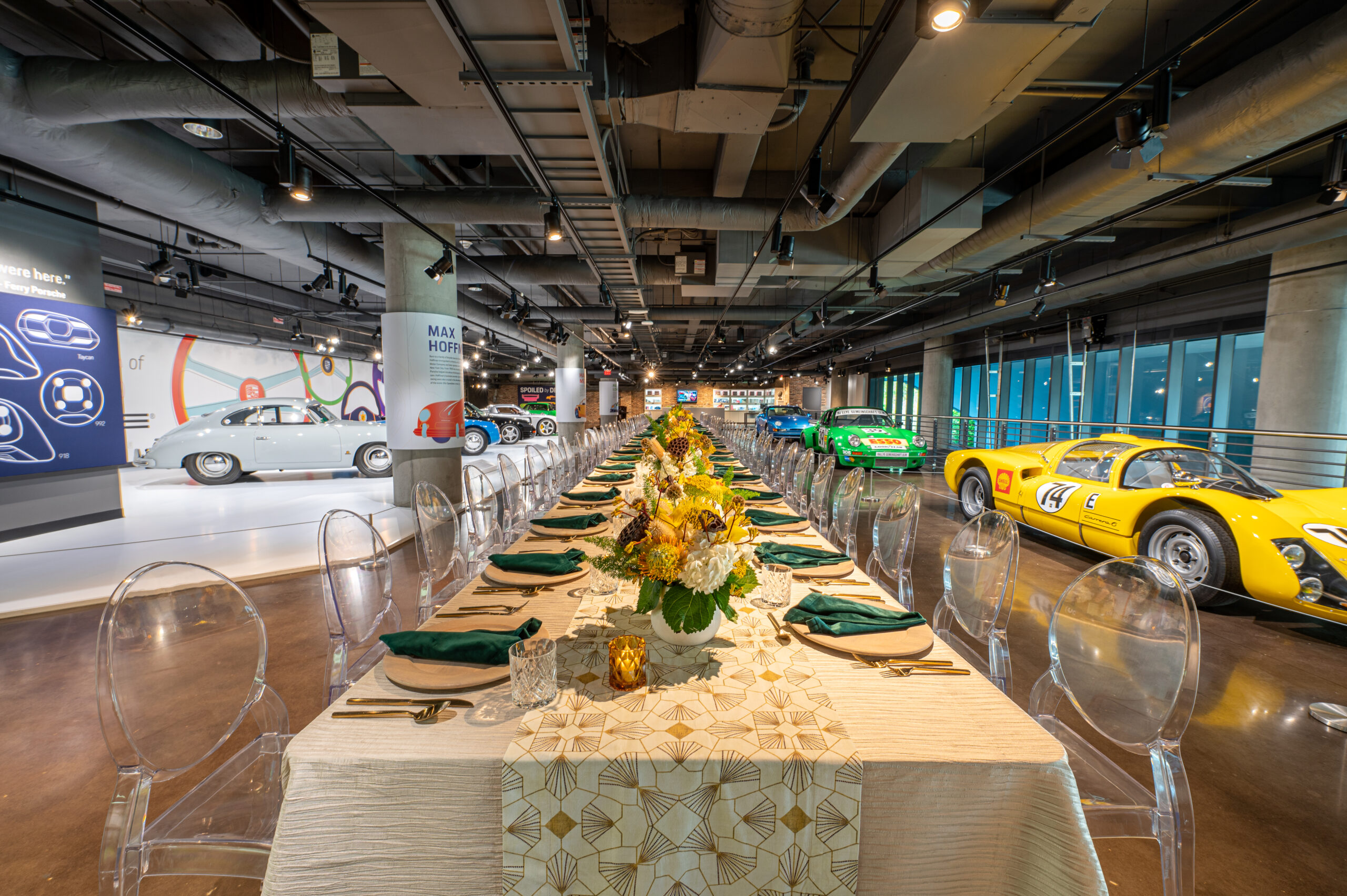 WM Events, Event Décor, Event Planning, Event Design, Atlanta, Atlanta Events, Corporate Event Planner, Corporate Events Atlanta, Porsche Experience Center, Porsche Experience Center Atlanta, Porsche, venue, venue marketing, marketing, advertising, corporate dinner, mock dinner, sample décor, inspiration, design, photoshoot, heritage gallery