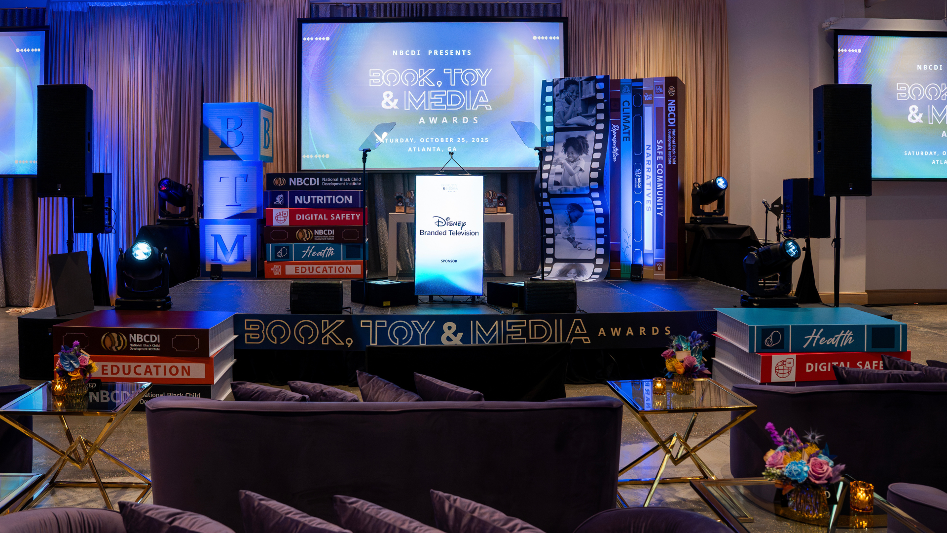 nbcdi, btm awards, book toy and media awards, modular image, wm events, awards, westside paper, custom branding, branded event, thematic event, corporate events, social events, event planning, event management, event design, green floral, vibrant colors, non-profit, not for profit